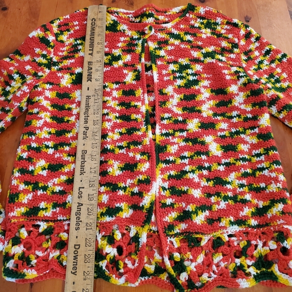 Handmade Cardigan Acrylic Yarn Red Yellow Green White Crochet Approx Size Large - Picture 8 of 8